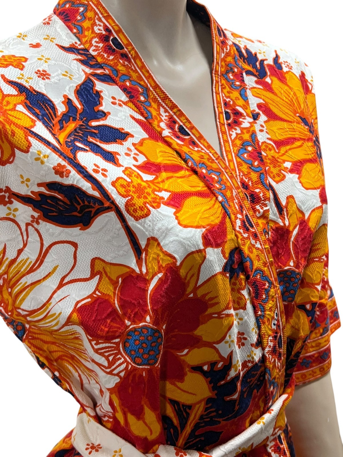 Vtg 70s Sz S~M Wrap Shirt Top Tie Belt Woven Textured Fabric Drop Shoulder