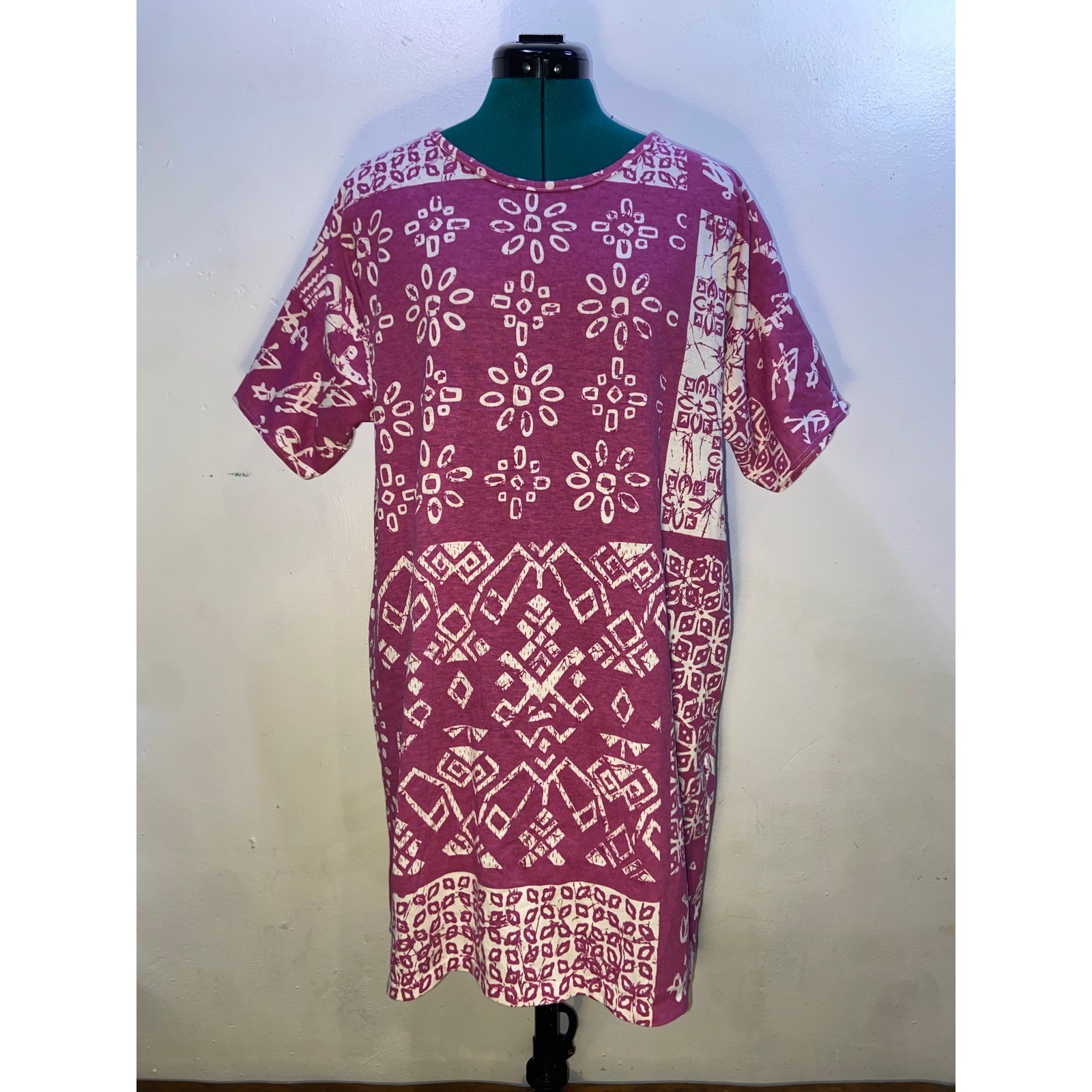 Kicks Vintage 90s Magenta Batik Geometric Print Tribal Boho T-Shirt Dress OSFM