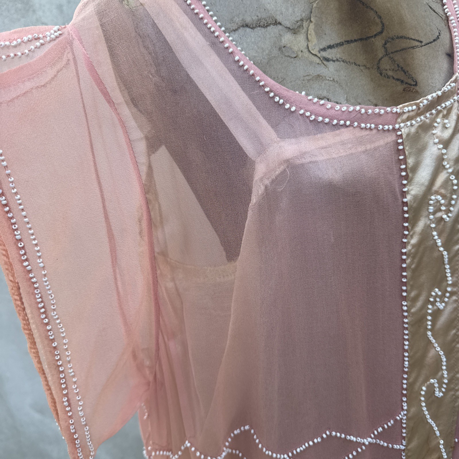 Antique 1920s Pink Silk Chiffon Dress Beaded Waves Oppenheim Collins Vintage