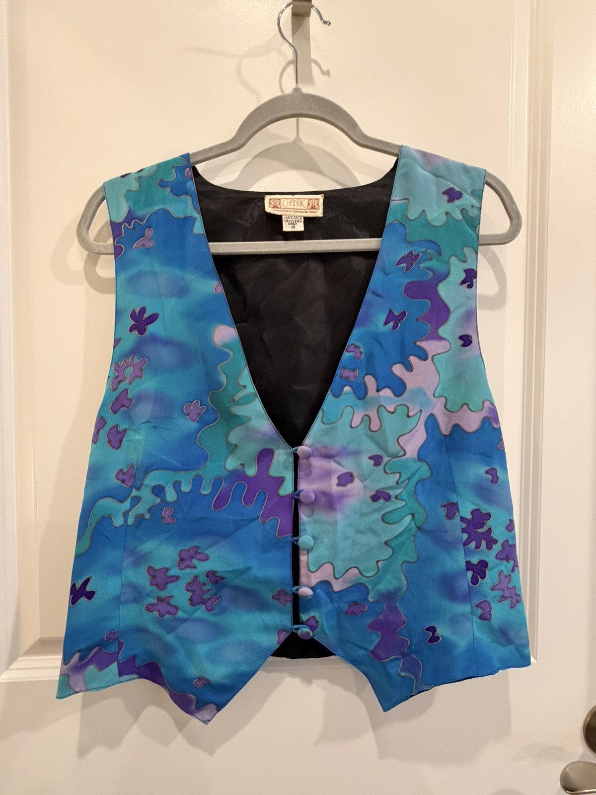 Vintage Chantik Handcrafted Silk Vest Blue Purple Abstract Art Wear Medium