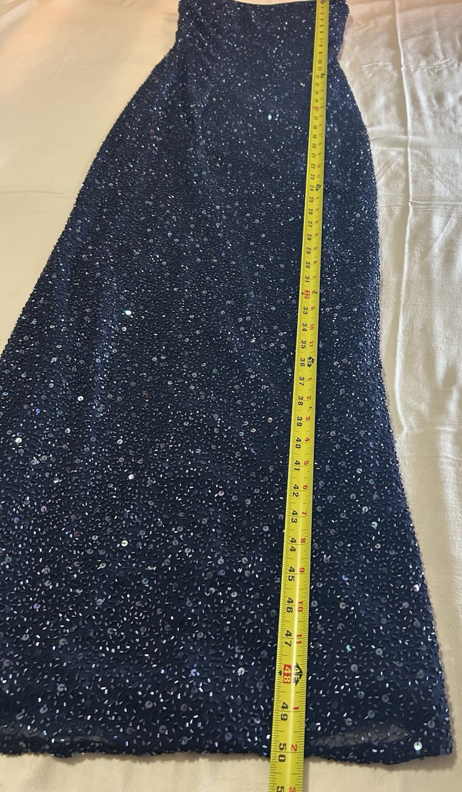 Vintage 90s Handbeaded Silk Maxi Gown Navy Strapless XS Panoply Goth Vampy