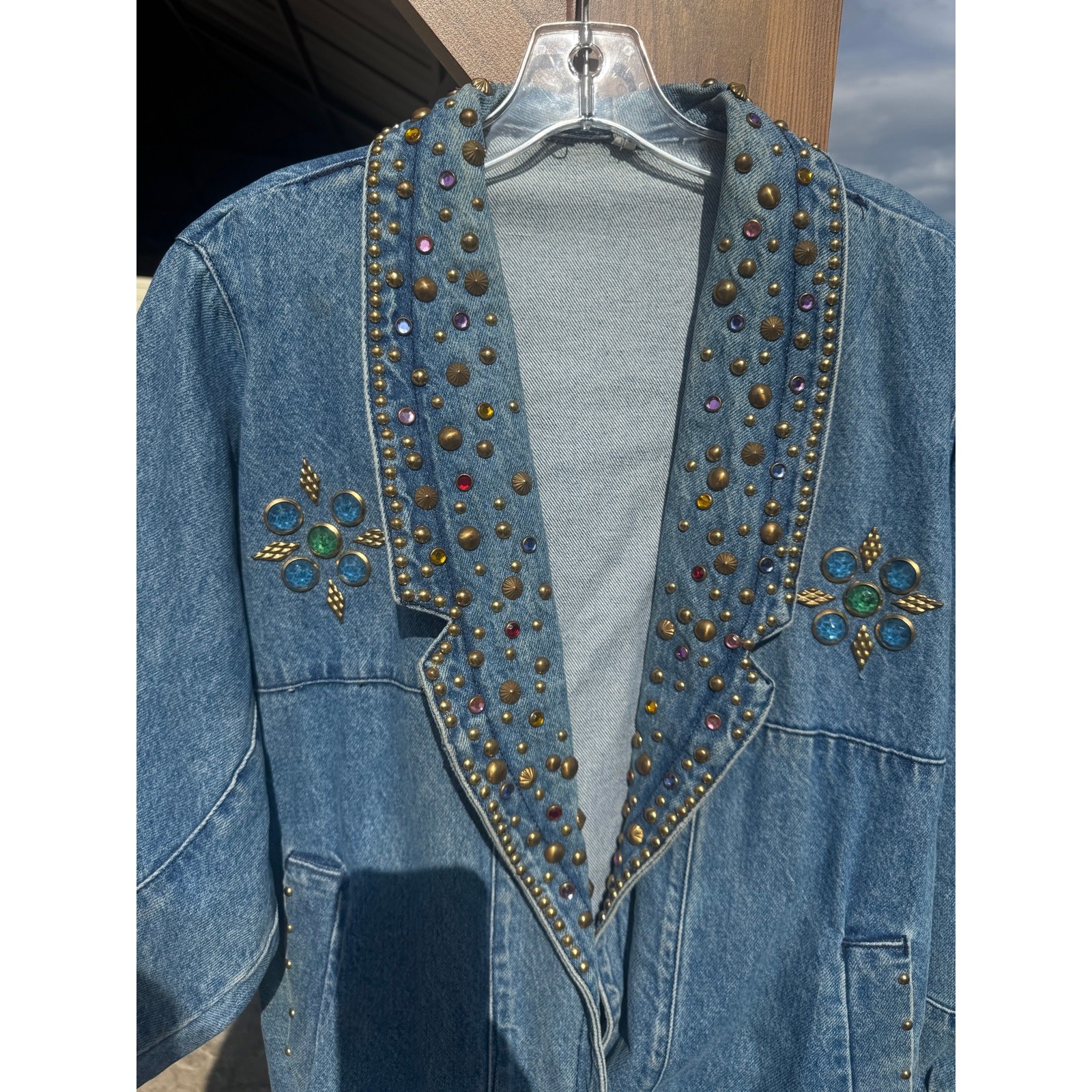 Vintage 80s Studded Rhinestone Denim Jacket Blazer Oversized Dolman Western L XL
