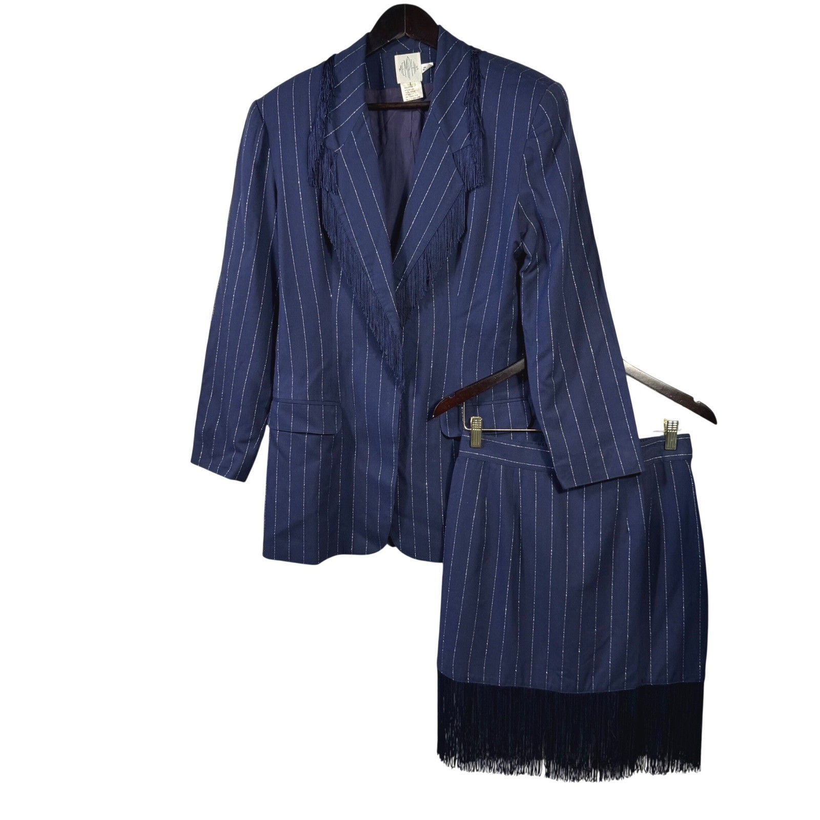 Vintage Memphis Navy Pinstripe Fringe Skirt Suit Set Western Blazer Large