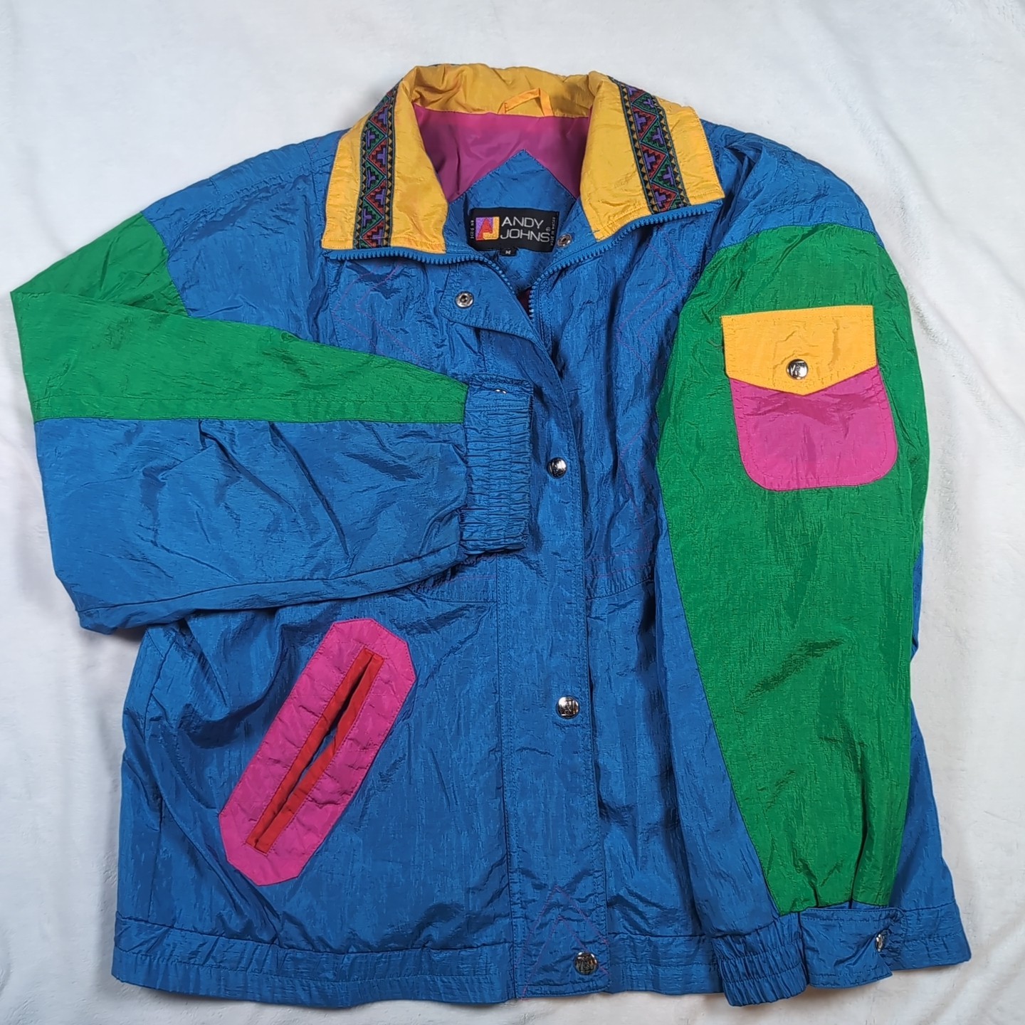 Vintage Andy Johns 90s Nylon Colorblock Jacket Anorak Sz M W/ Shoulder Pads