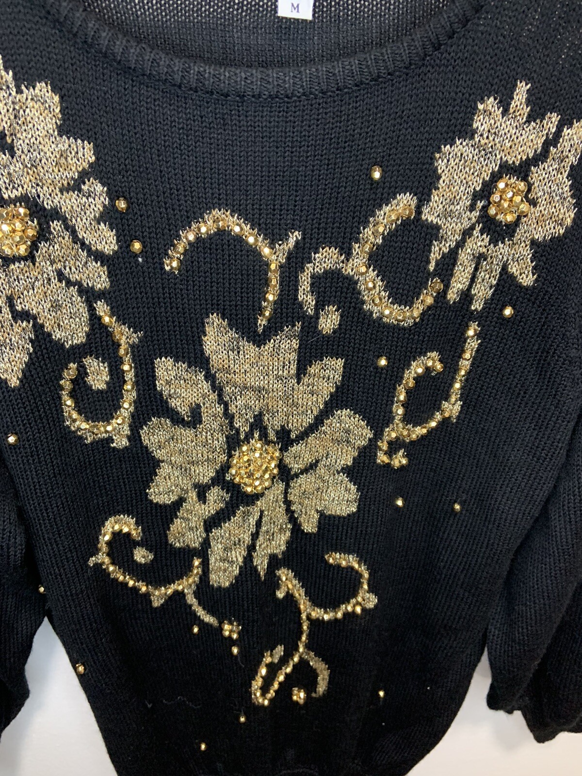 Campus Casual Of CA Vintage Sweater Womens M Black Gold Embellished Floral
