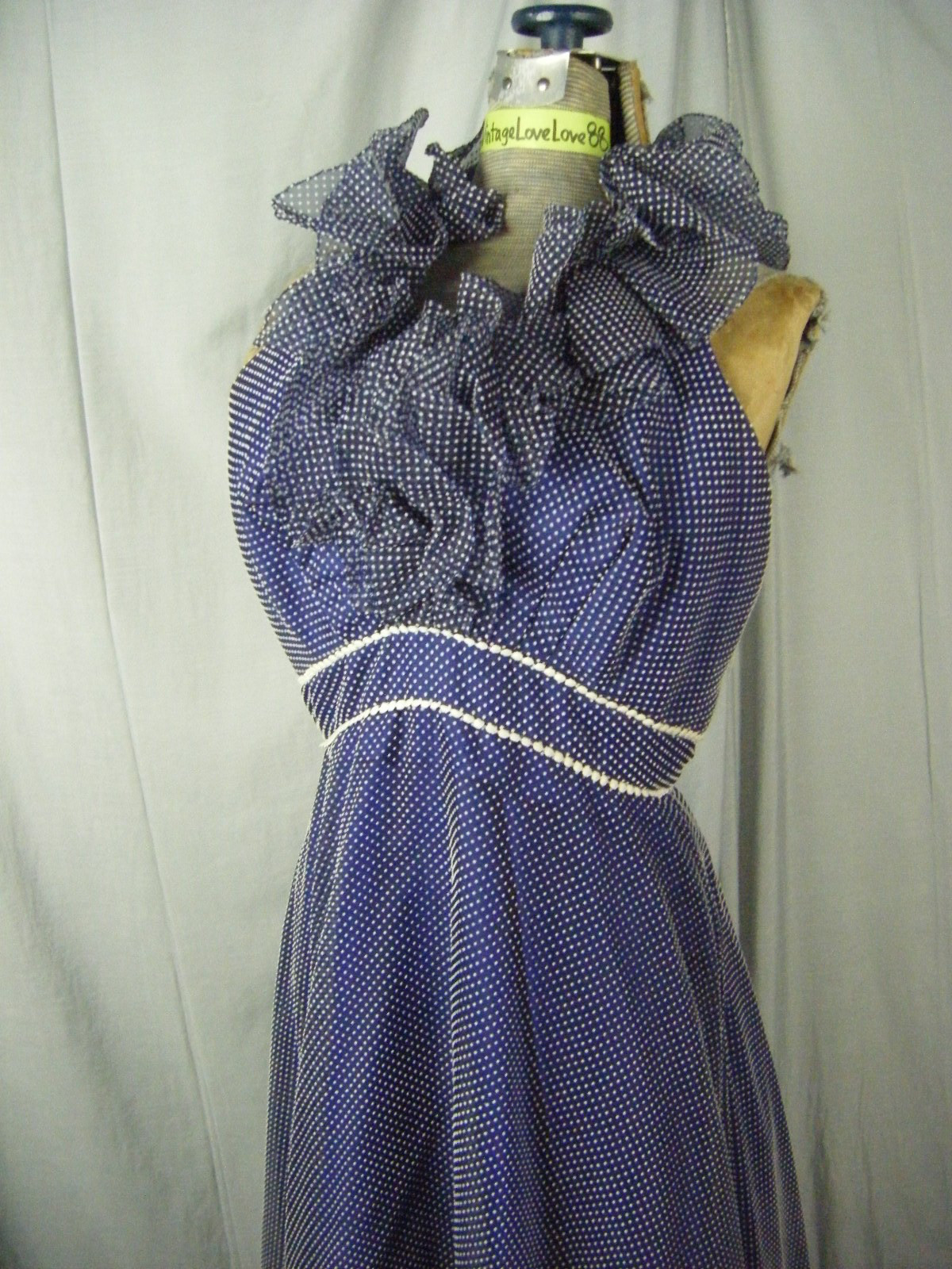 MIKE BENETT FORMALS Vtg 70s Navy Felt Dots Ruffle Halter Dress-Bust 34/XS