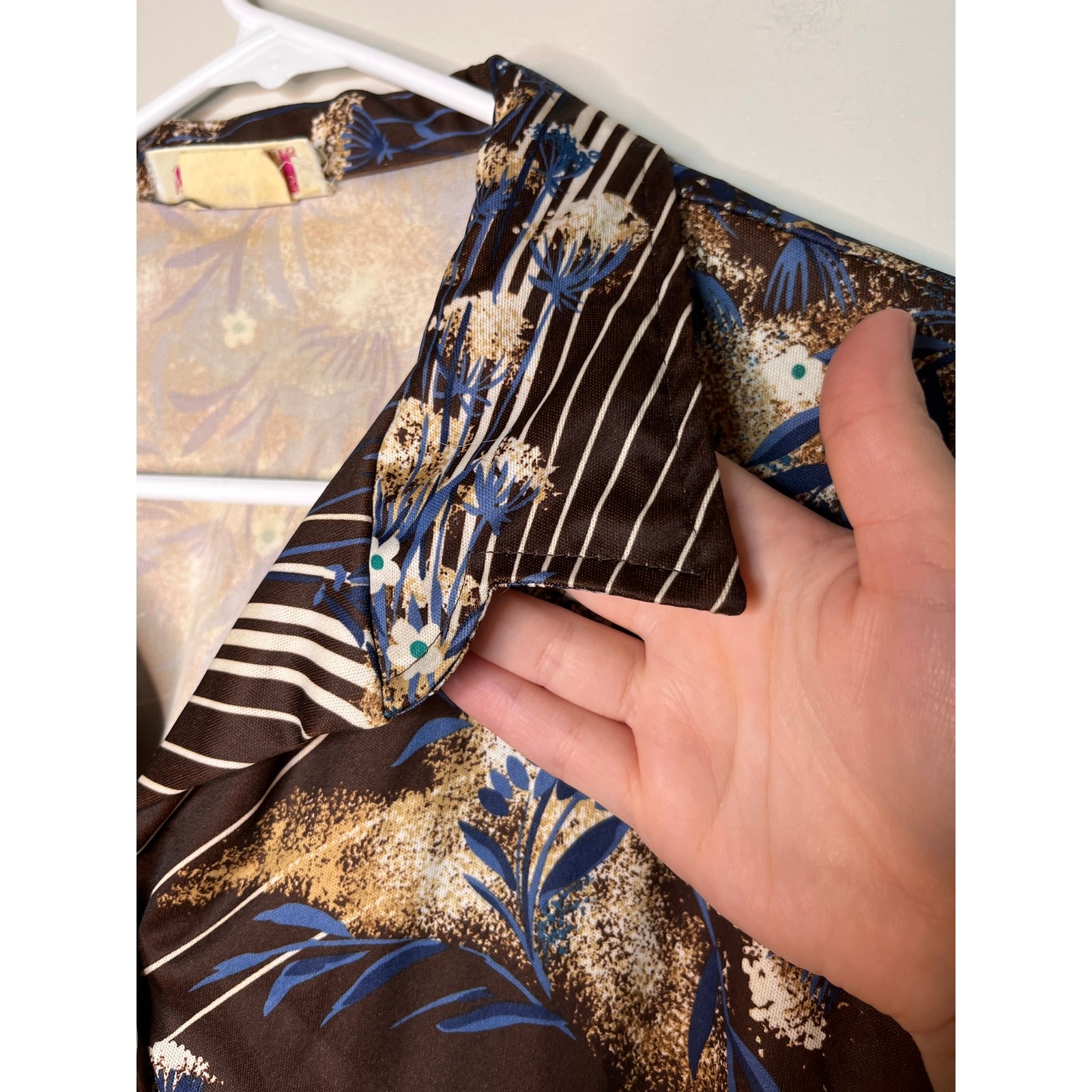 1970s Carol Henry Blue Chocolate Brown Floral Stripe Open Collar Disco Shirt 2X