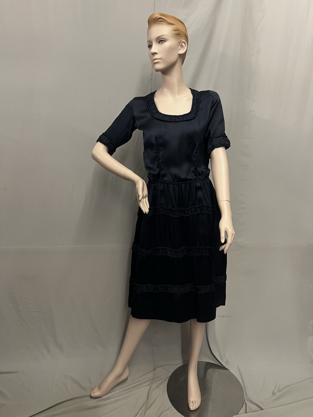 1918 Navy Silk Dress With Extensive Ruching.