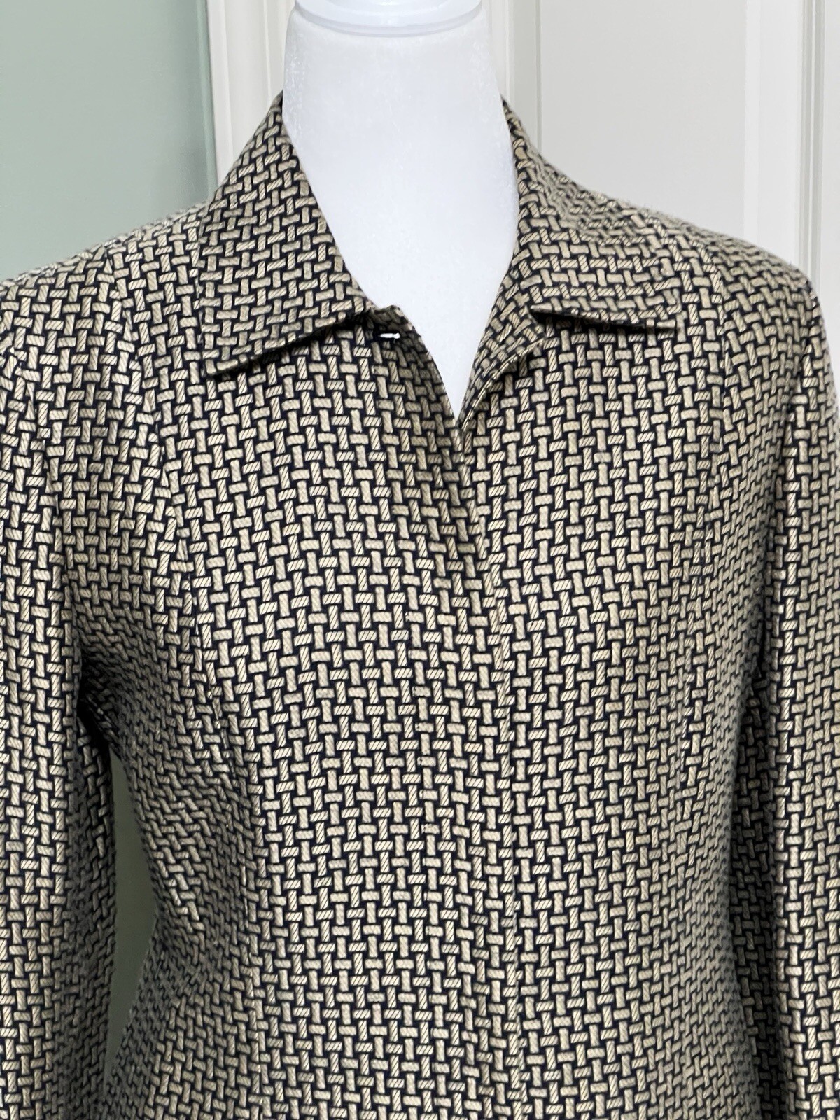 VTG Dana Buchman Black/Gold Geometric Pattern 2pc Jacket Sz Skirt Sz10P Suit