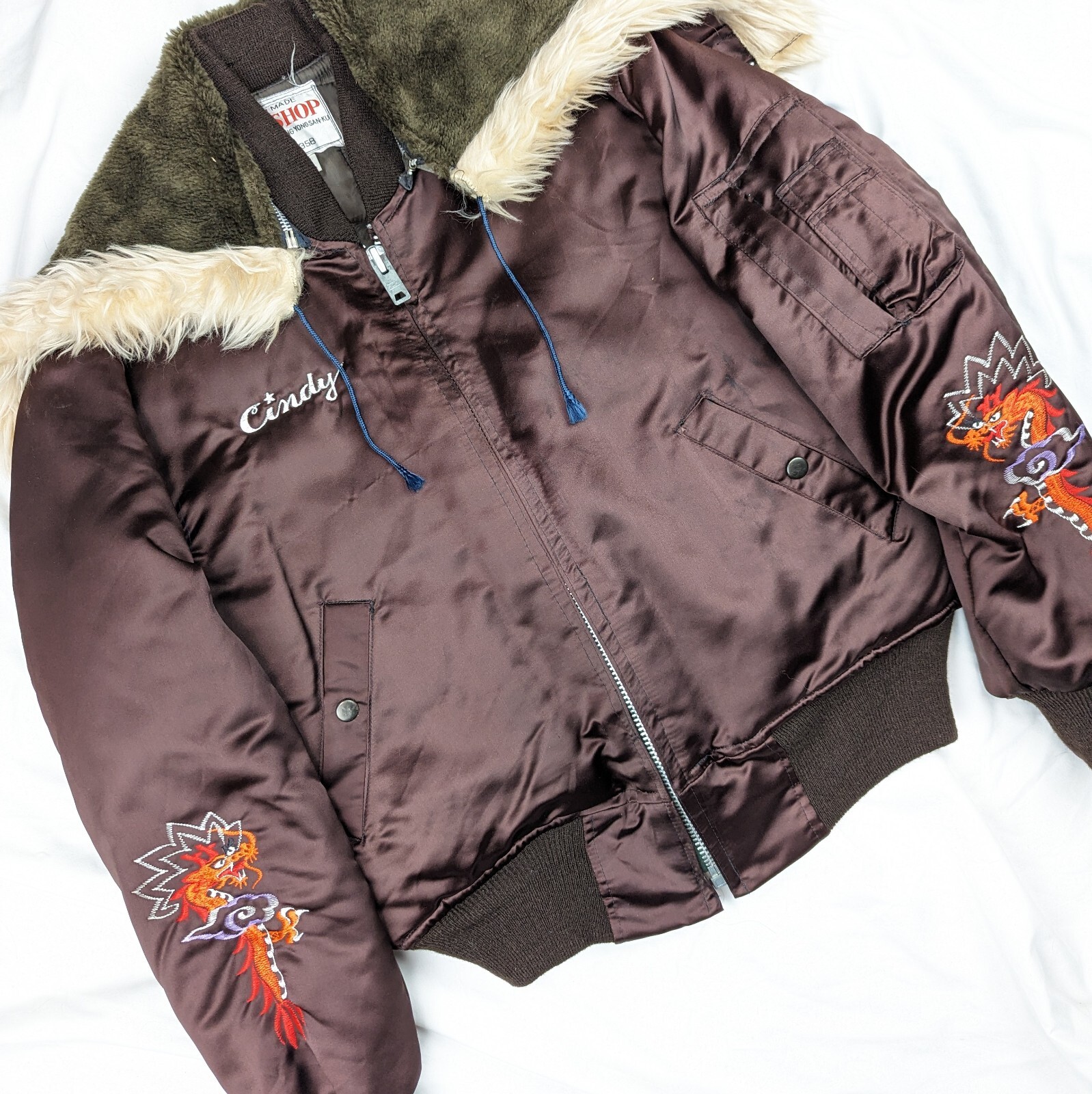 70s 80s Vintage Korea Souvenir Jacket faux Fur Split Hood Dragon Embroidery Vtg