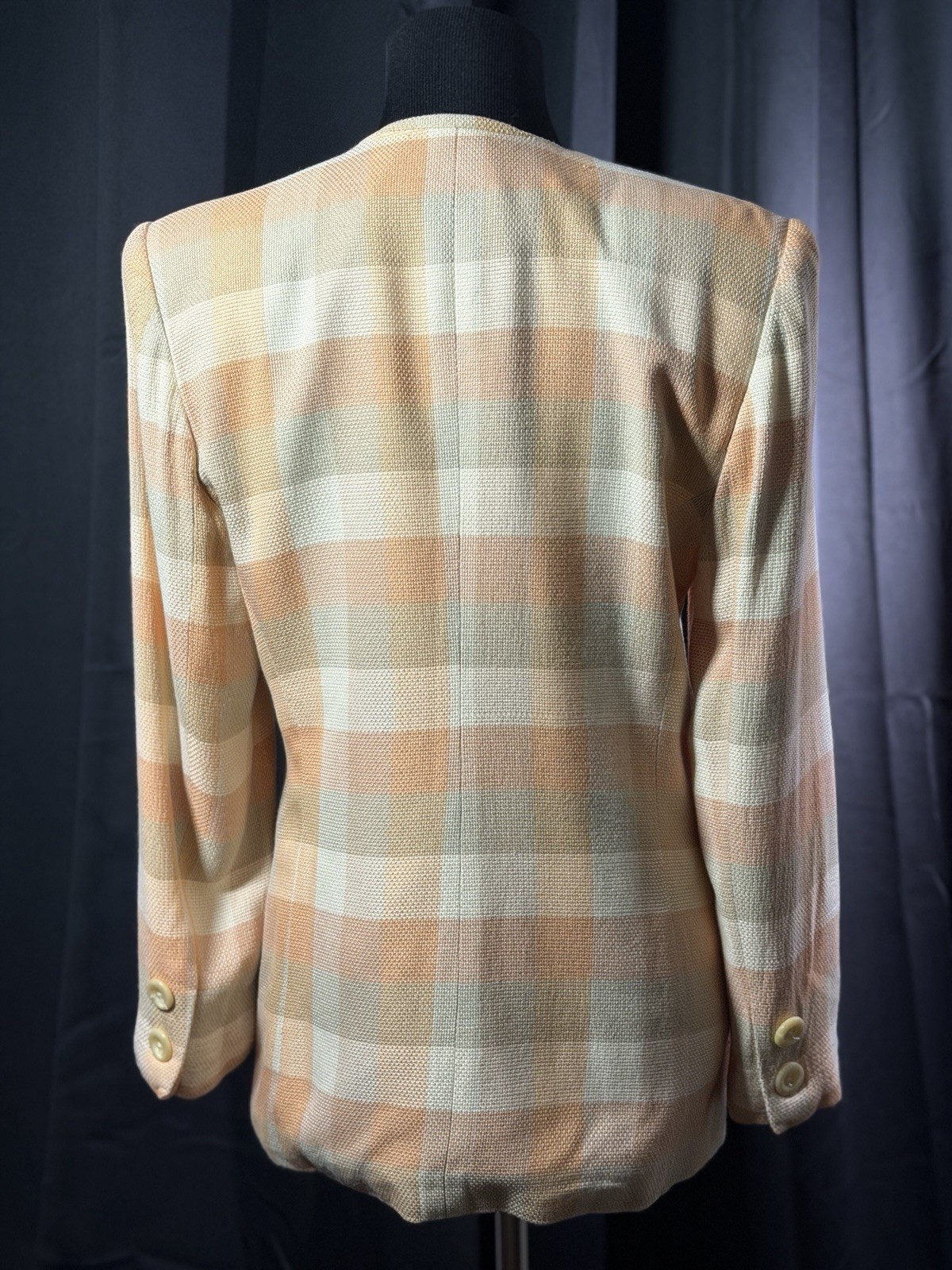 Vintage Sterling Cooper Petite 10 Plaid Blazer Peach Cream Shoulder Pads