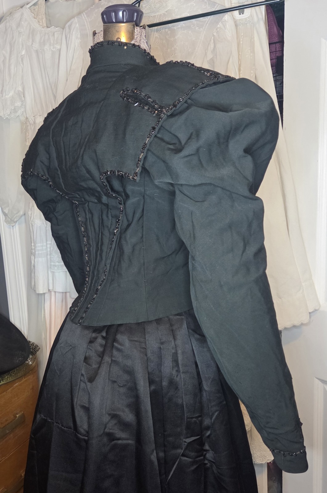 Deep Hunter Green Victorian Cotton Blend Bodice w/ Jet Black Bead Trim