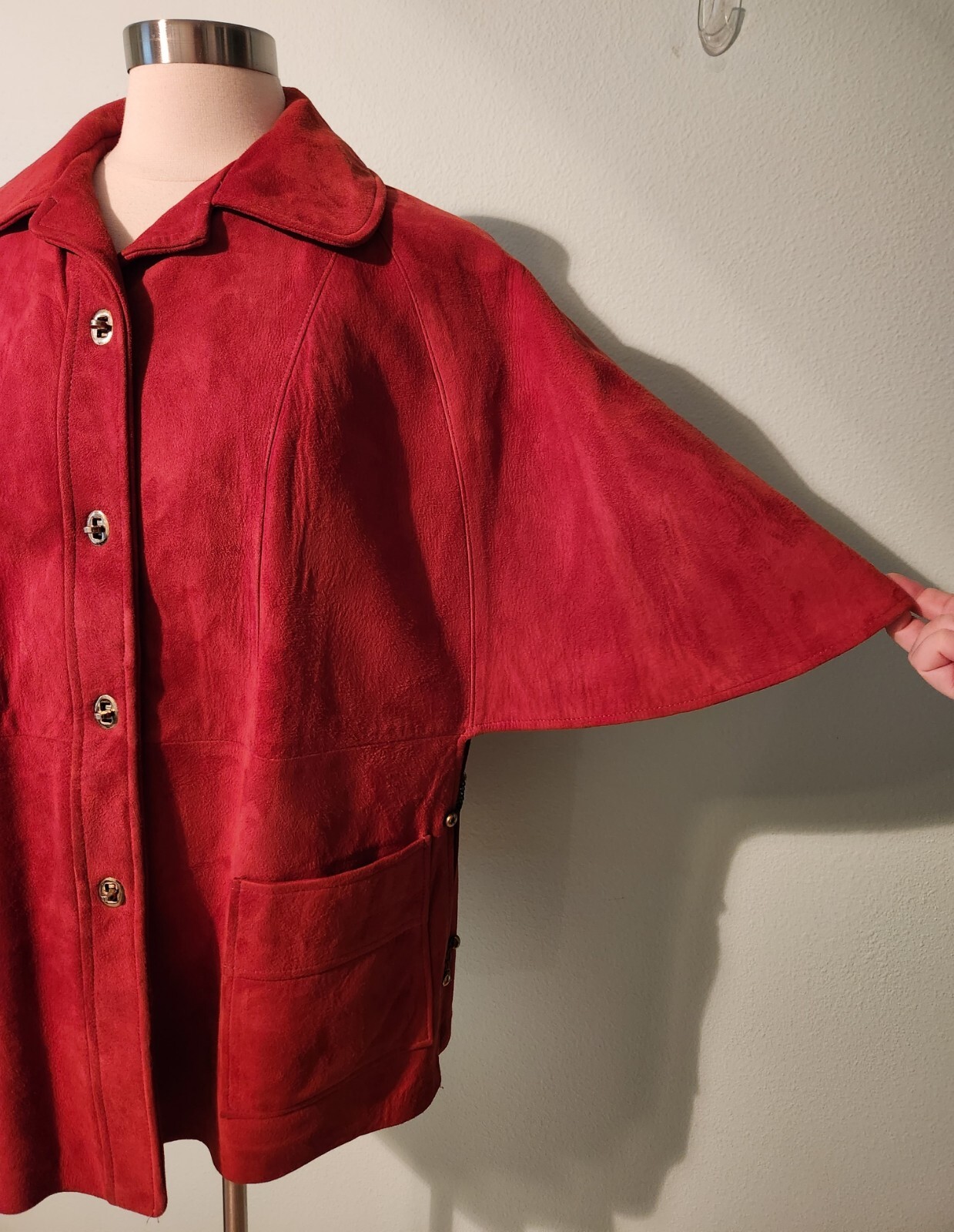 Vintage 1960s Rust Orange Red Suede Leather Cape Coat Jacket with Open Sides