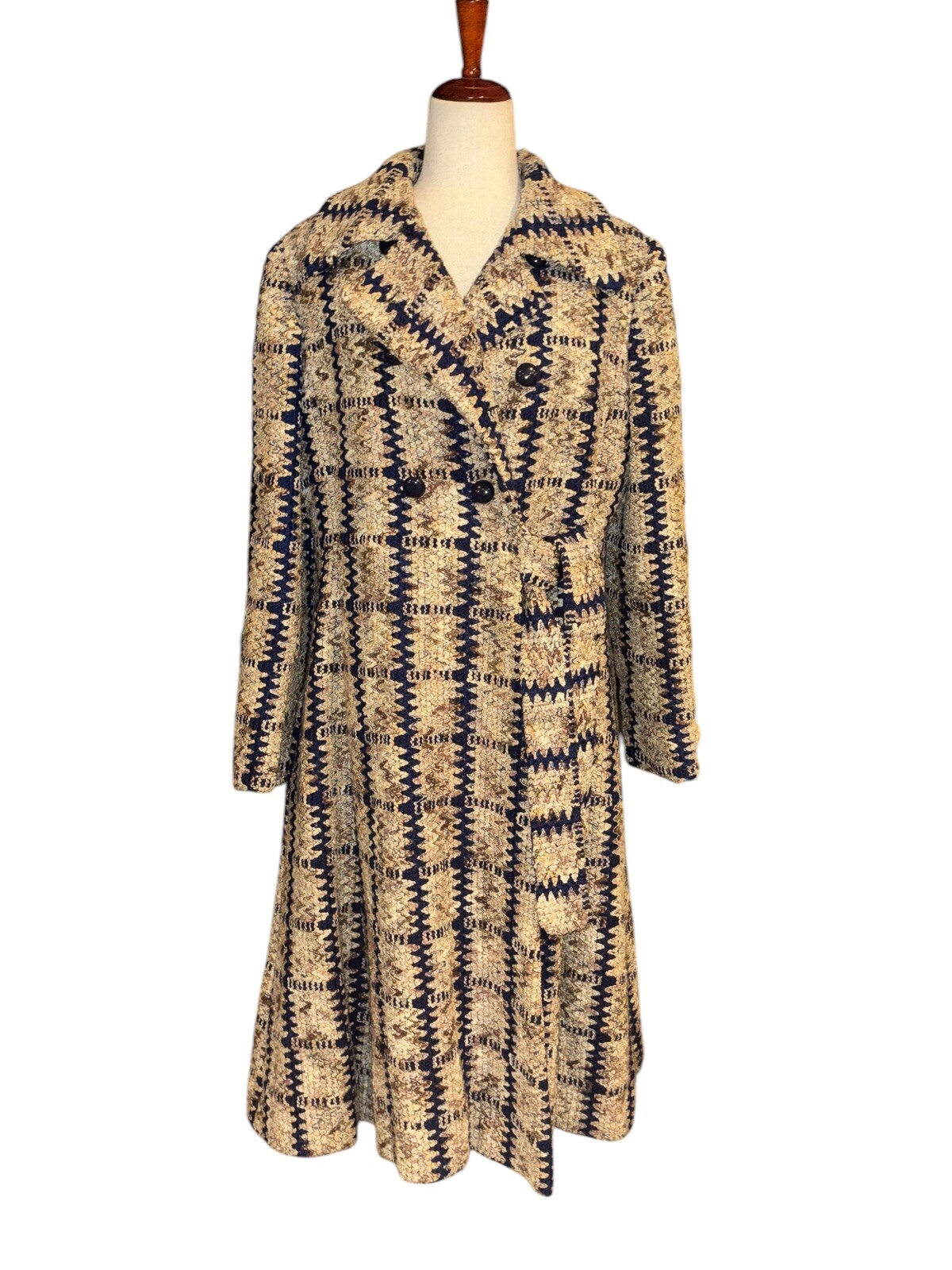 VTG Davidow Tan Blue Brown Chunky Tweed Coat Halle Bro Union Made Women’s Sz M/L