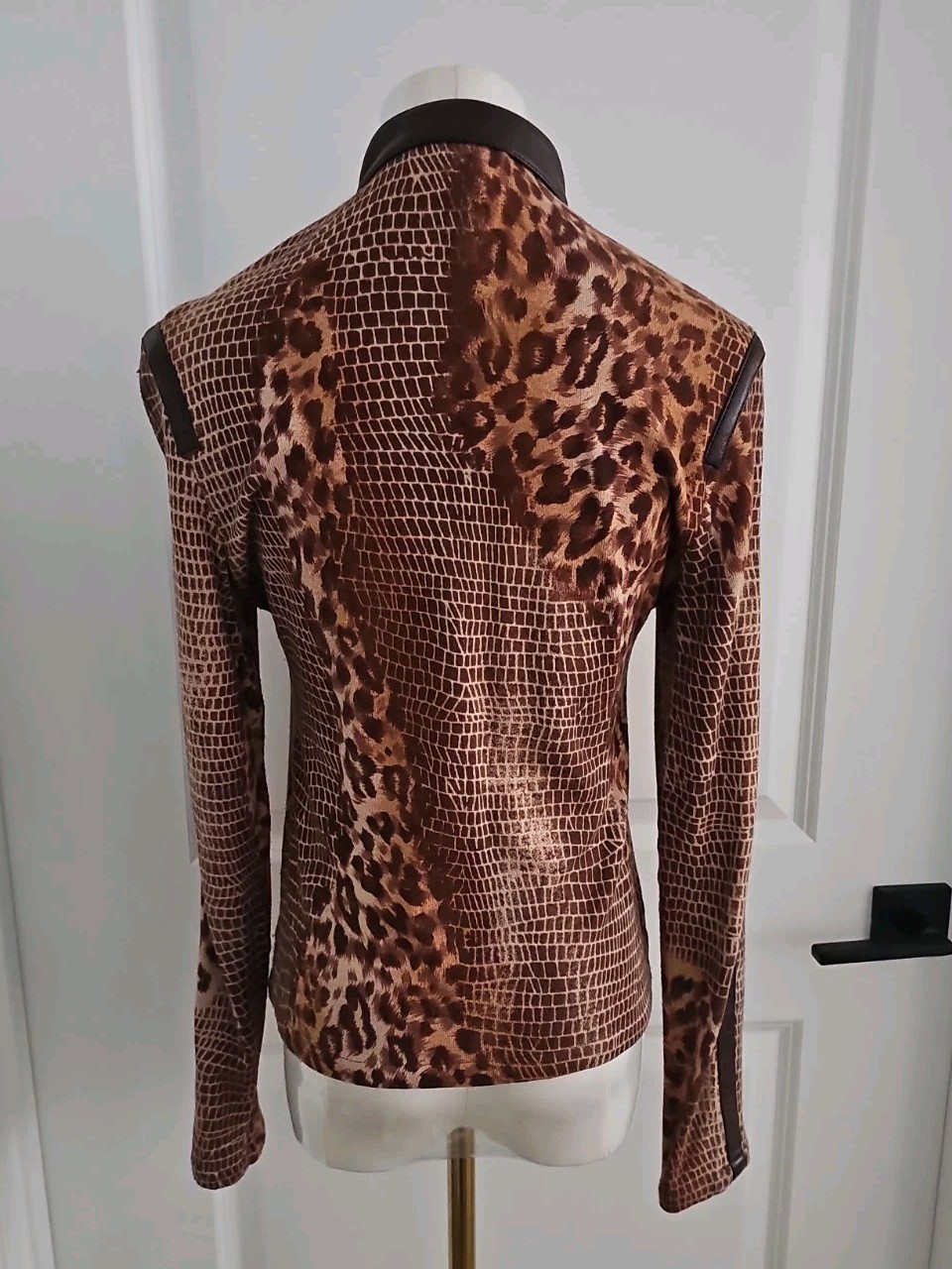 Vtg Y2K Mix Media Snake Leopard Print Mock Neck Faux Leather Panels Zip Sweater