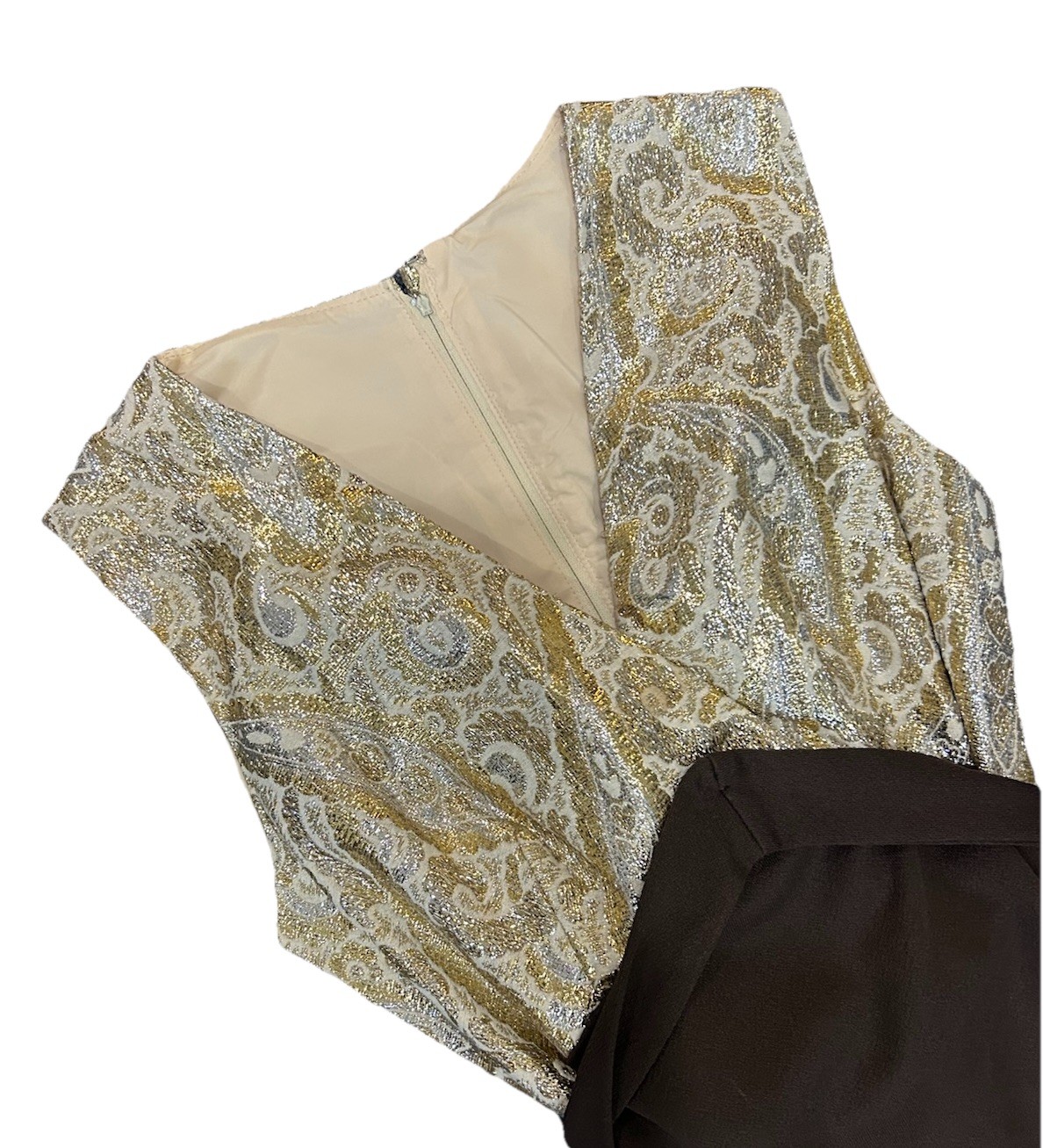 VTG 70s Handmade Polyester Maxi Dress Brown Gold Silver Sleeveless Tie Waist SM