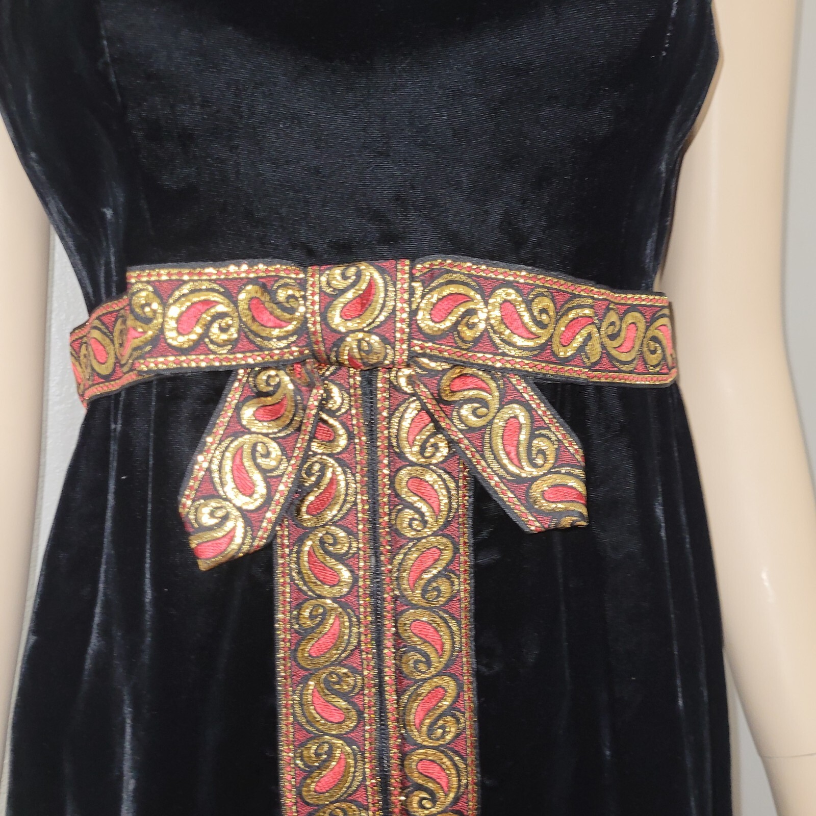 Mod Vintage Black Velvet Hostess Dress With Shorts Red & Gold Paisley Trim 1960s