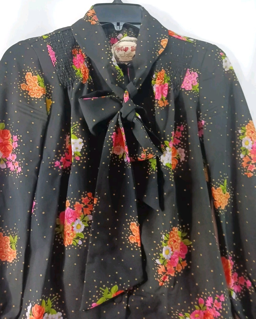 Vintage Karl Logan Long Sleeve Shirt My Cup Of Tea Black & Floral Size 9
