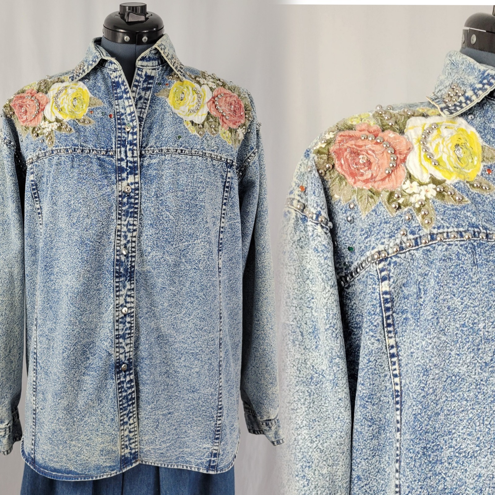 Vtg Pretty Bleu Acid Wash Denim Shirt w Applique Florals & Rhinestones Size M