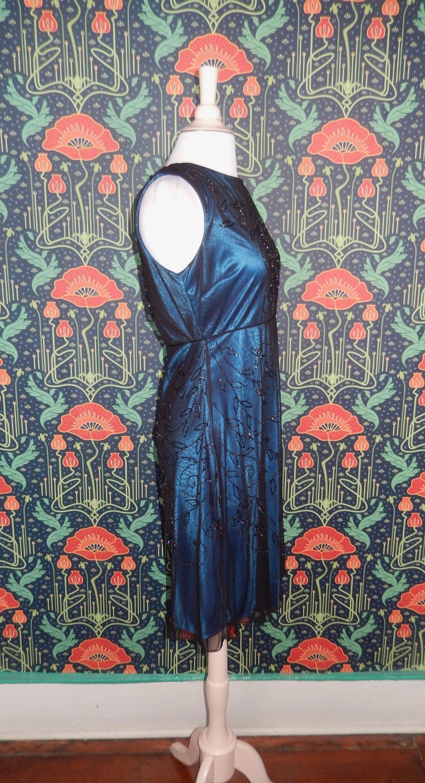 Vintage Y2K Black Blue Mesh Beaded Cocktail Whimsigoth Dress Empire Waist