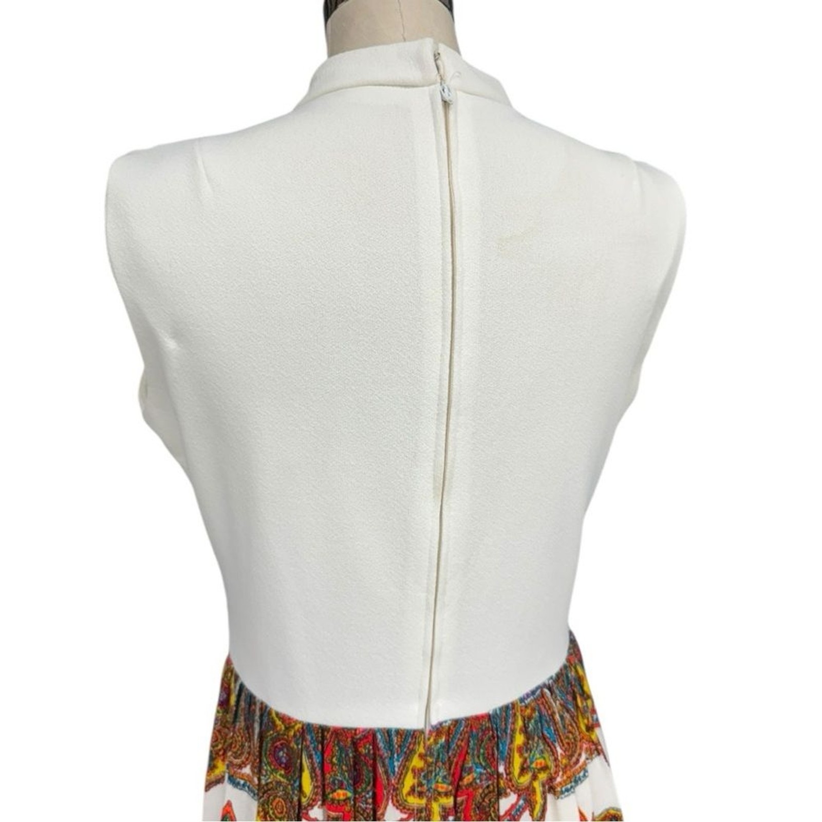 Vintage Mod Maxi Dress White Top Multicolor Paisley Skirt Sleeveless 70s Hippy