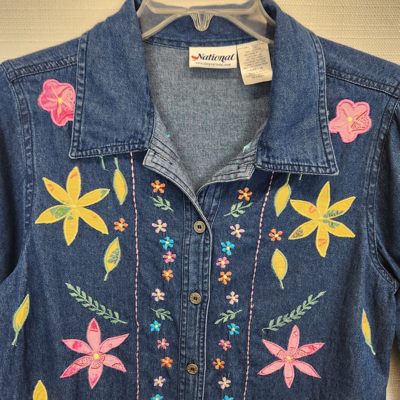 Vintage National Denim Button Jacket Size 14 Embroidered Floral Applique Cotton