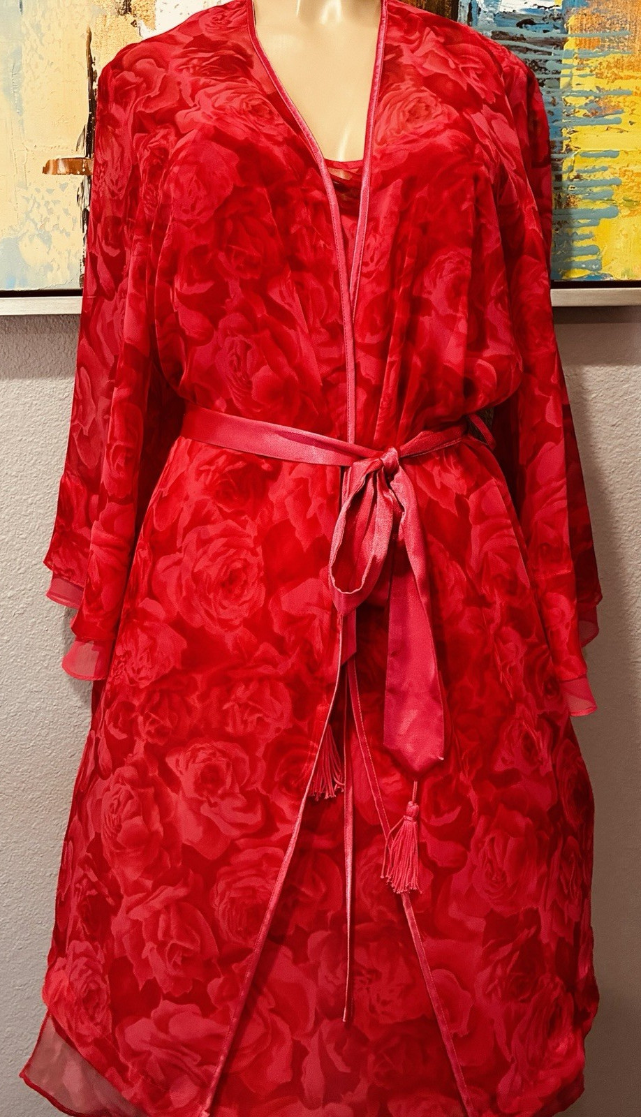 Vtg Pink Coral Double Chiffon Nightgown Tassel Satin Robe S M
