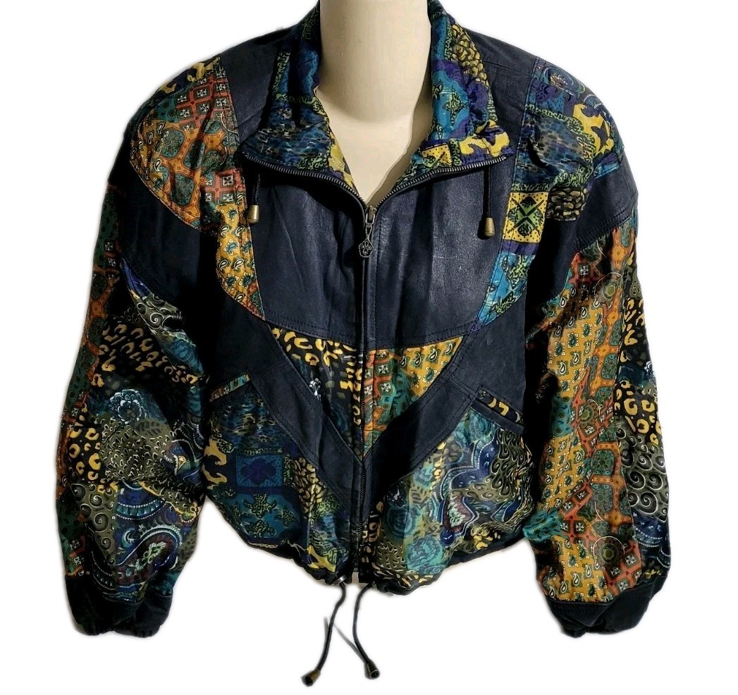 Vintage Winlit Leather & Multicolor Patchwork Fabric Bomber Jacket Womens Size M