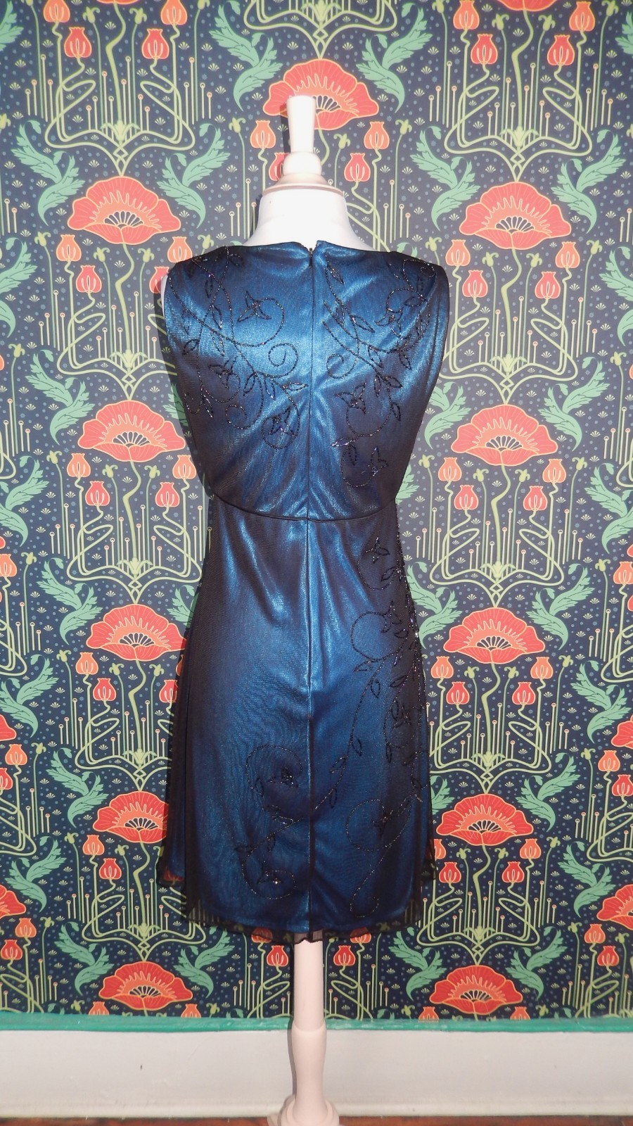 Vintage Y2K Black Blue Mesh Beaded Cocktail Whimsigoth Dress Empire Waist
