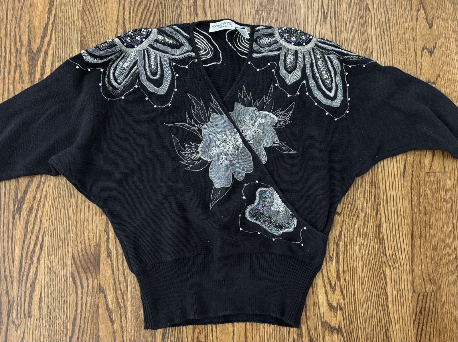 Vintage 1990’s Bonnie Boerer Metallic Silver Embellished Batwing Wrap Sweater M