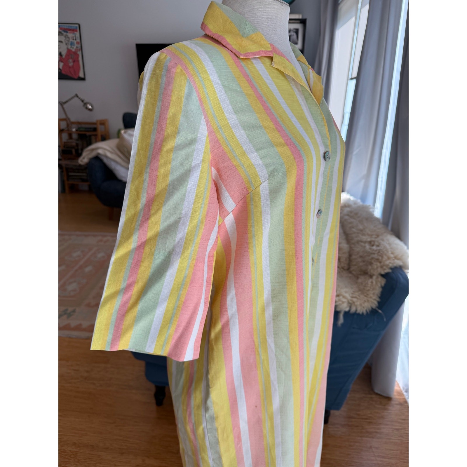 Vintage 1960s Johns of California Striped House Coat Womens Med Rainbow Sherbet