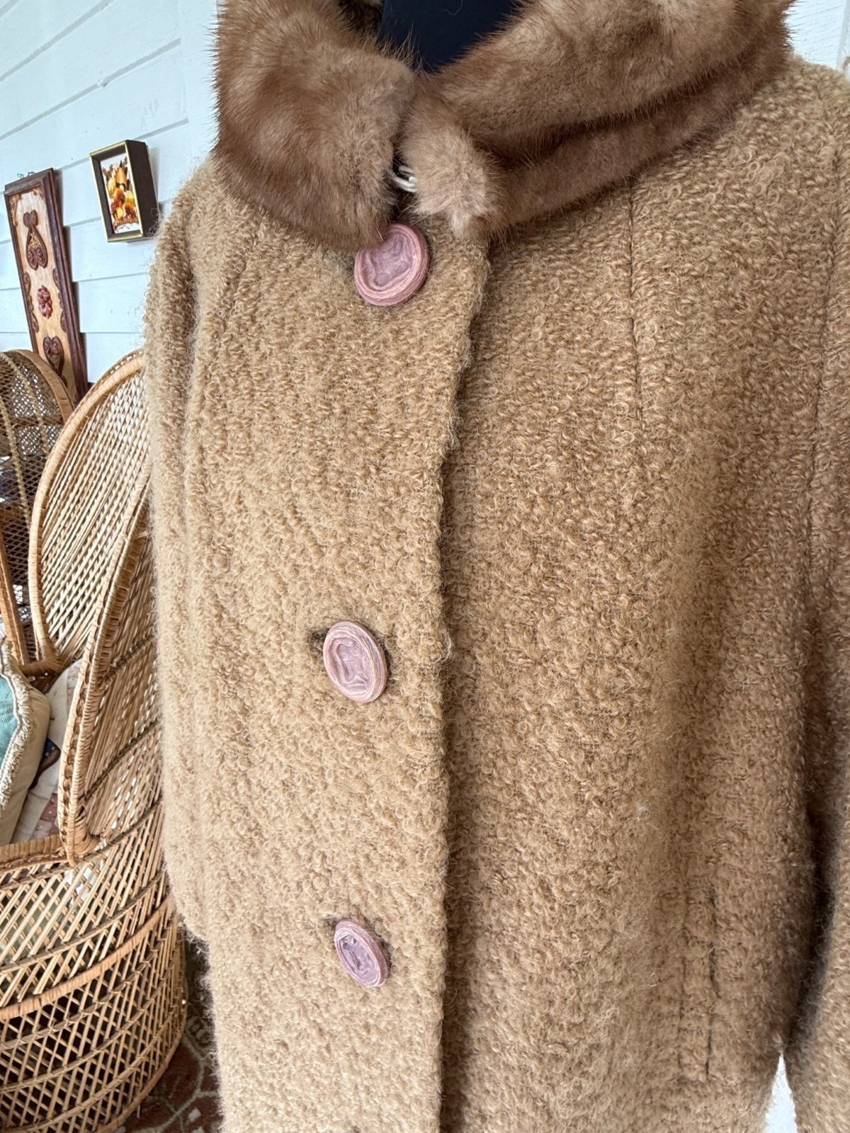 Vintage 50s Carmel Tan Nubby Wool Swing Coat Mink Collar M/L