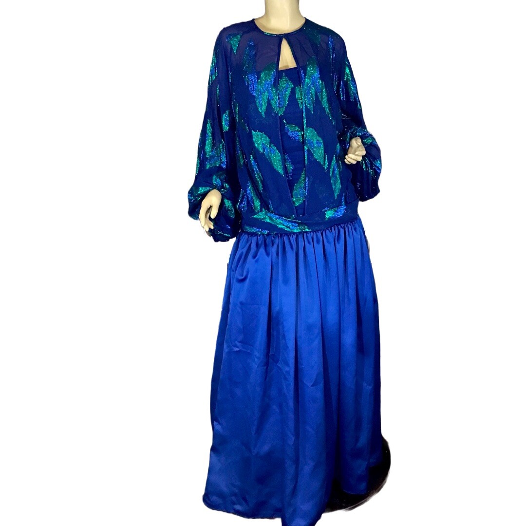 VINTAGE CIRCA 1980’S VICTOR COSTA BLUE & GREEN PEACOCK THEME DRESS & COVER 14