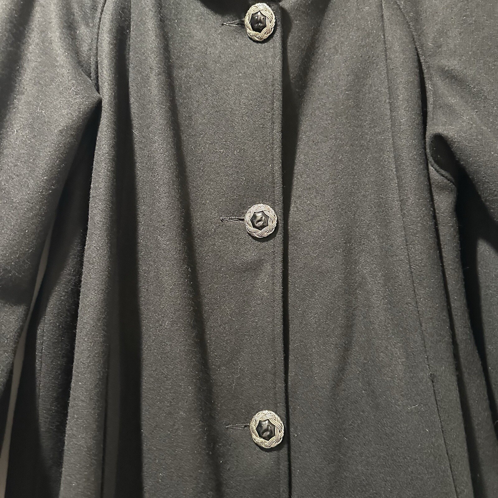 Stephanie Mathews Vintage Black 100% Wool Swing Coat Velvet Trim Made in USA