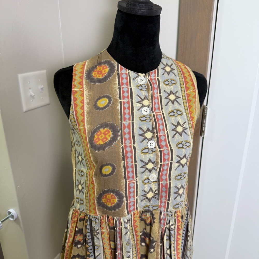 VTG Volia Popover Sleeveless Abstract Geometric Boho Hippie Dress 1/2 Button S