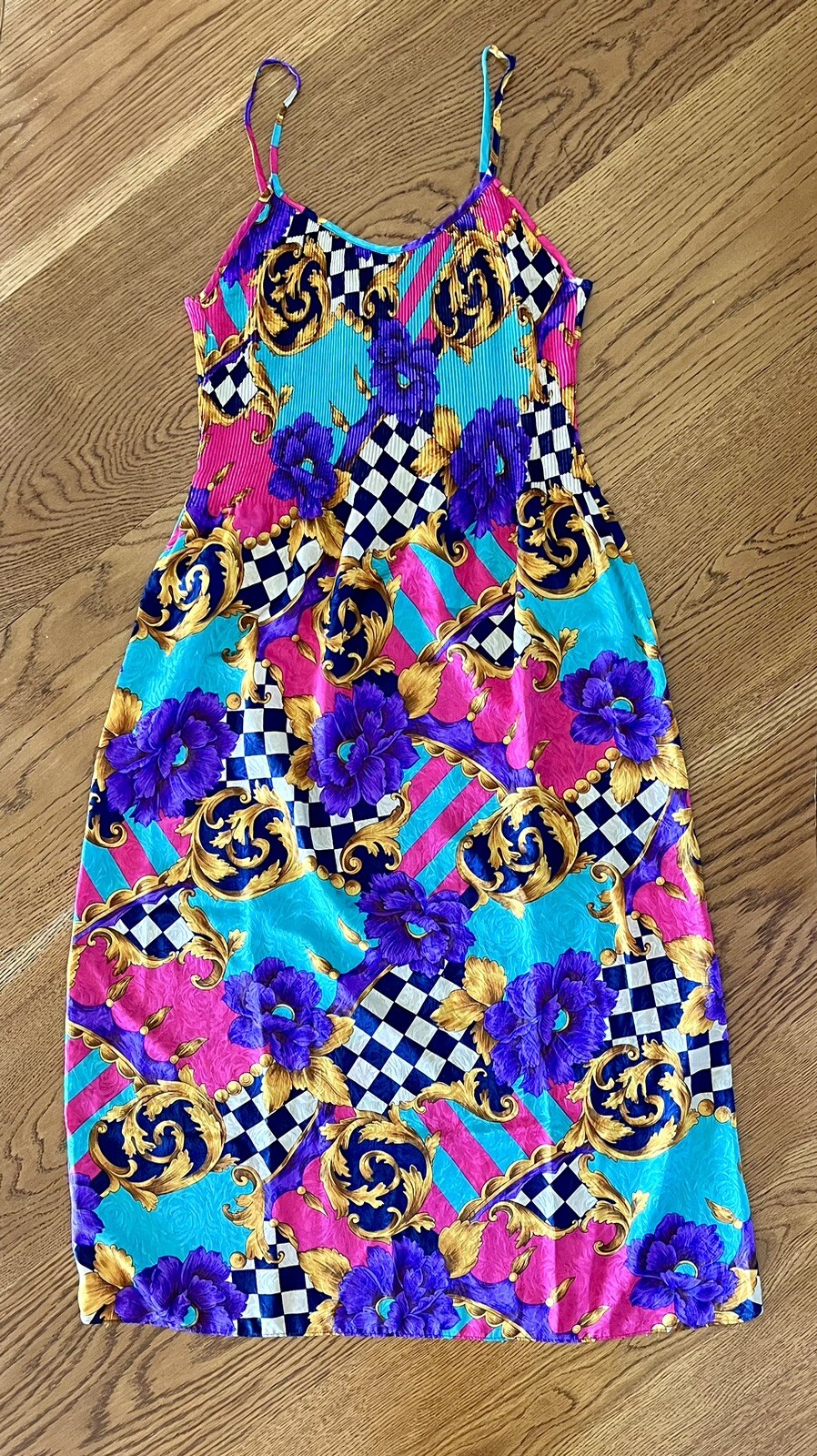 Vintage Georgette Trabolsi Colorful Artsy Print Lingerie Night Gown Slip Dress M