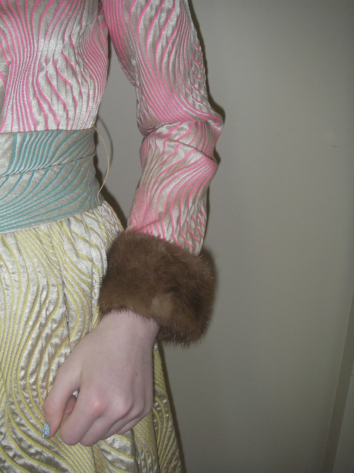 Vintage 1960s Kiki Hart Saks Fifth Ave Brocade Dress Mink Fur Cuffs Sash Belt