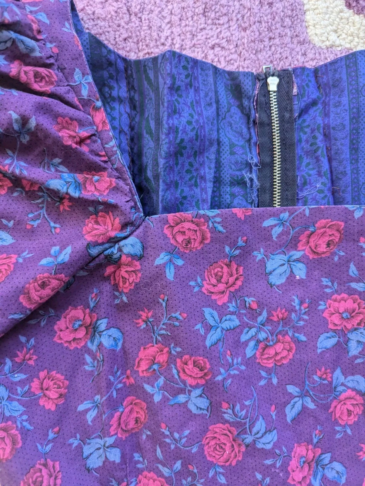 Vintage 70’s 80’s Purple Pink Puff Juliet Sleeves Floral Mini Dress Size Small