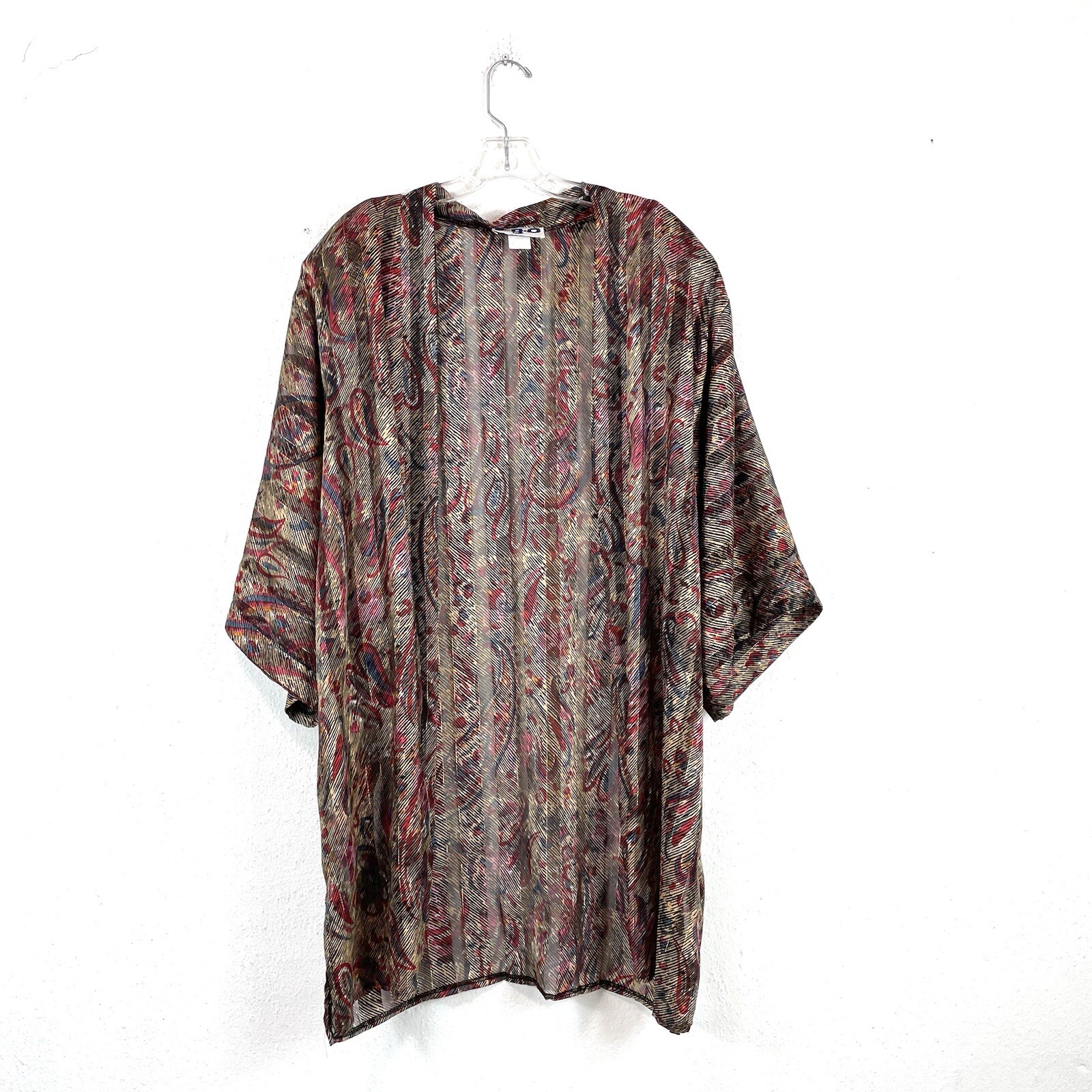 Vintage 80s Sheer Metallic Paisley Open Front Kimono Style Cardigan One Size