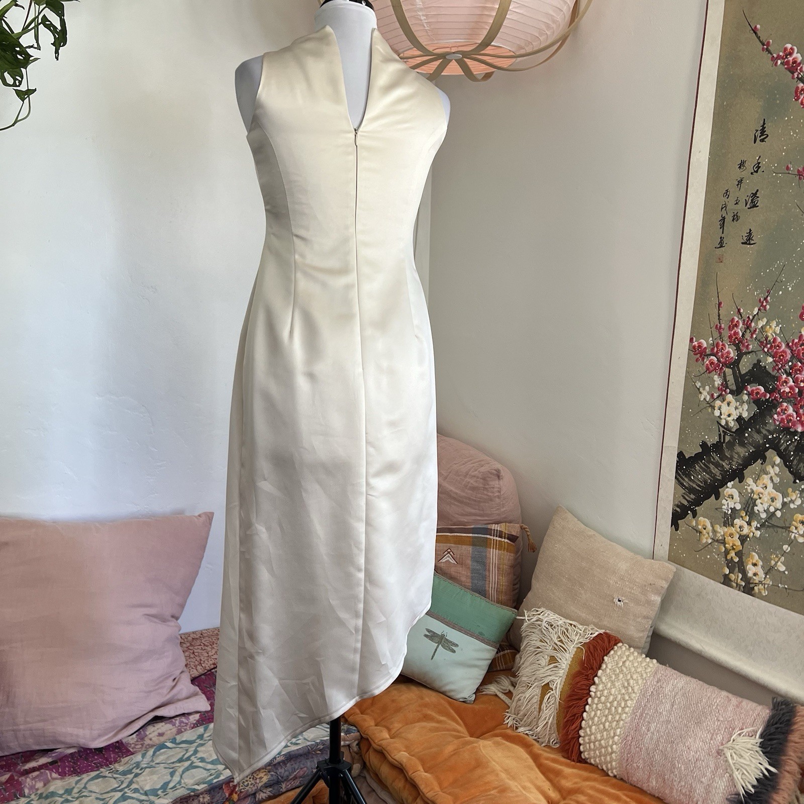 Vintage 90s Arianna by Rachel Kaye Cream Satin Asymmetrical Prom Dress Size 6 S