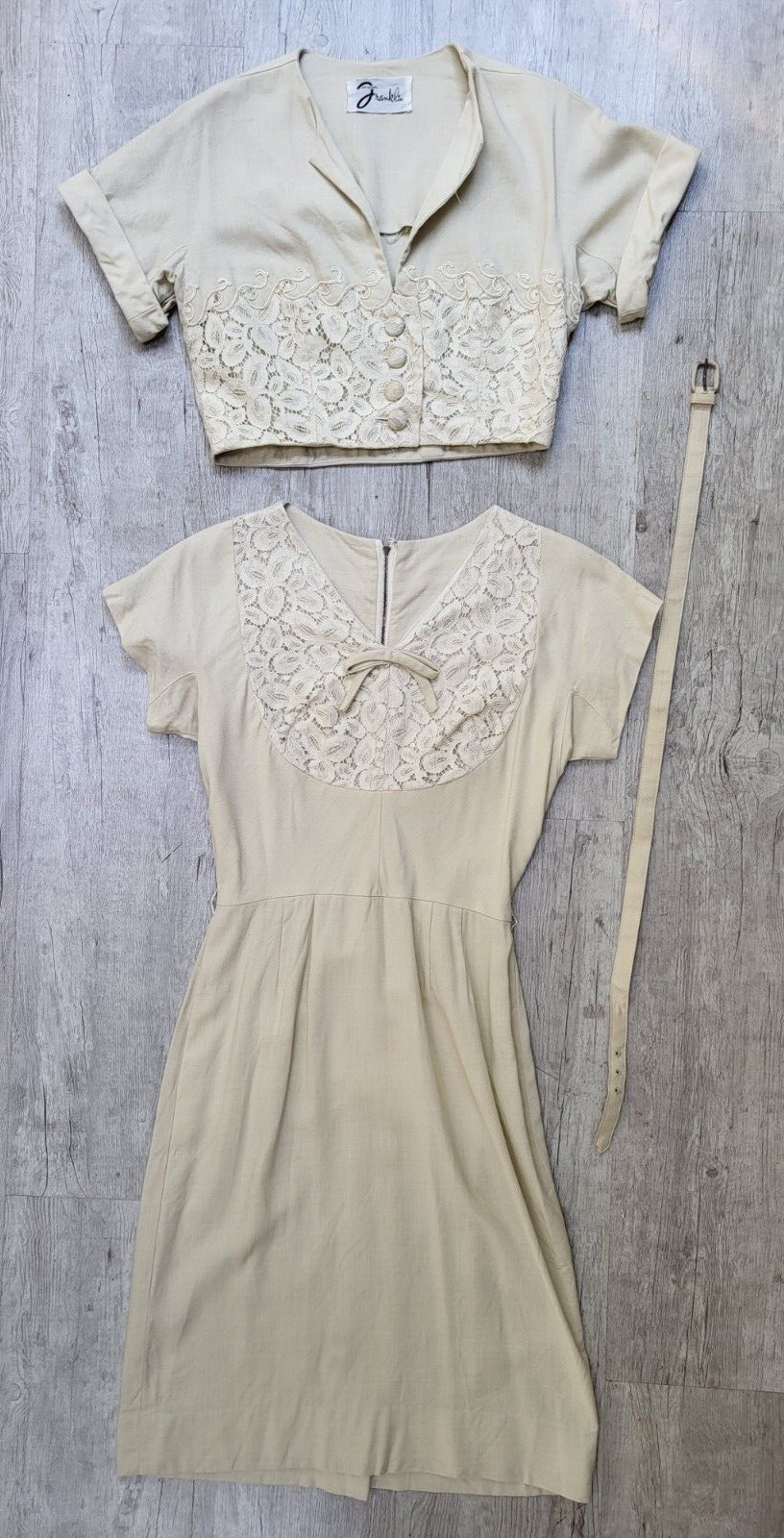 2 Piece Vintage 50’s ORIGINAL FRANKLIN Cream DRESS & BOLERO JACKET – Size S