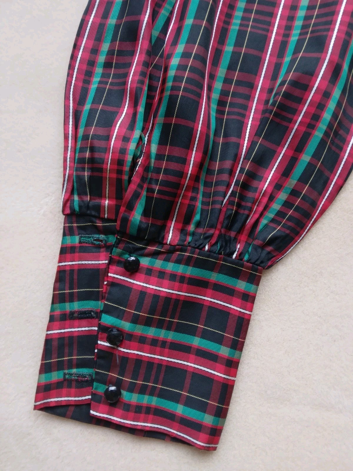 Vintage 1980s Plaid Blouse w/ Balloon Sleeves Black Red & Green Sz 12 Button Up