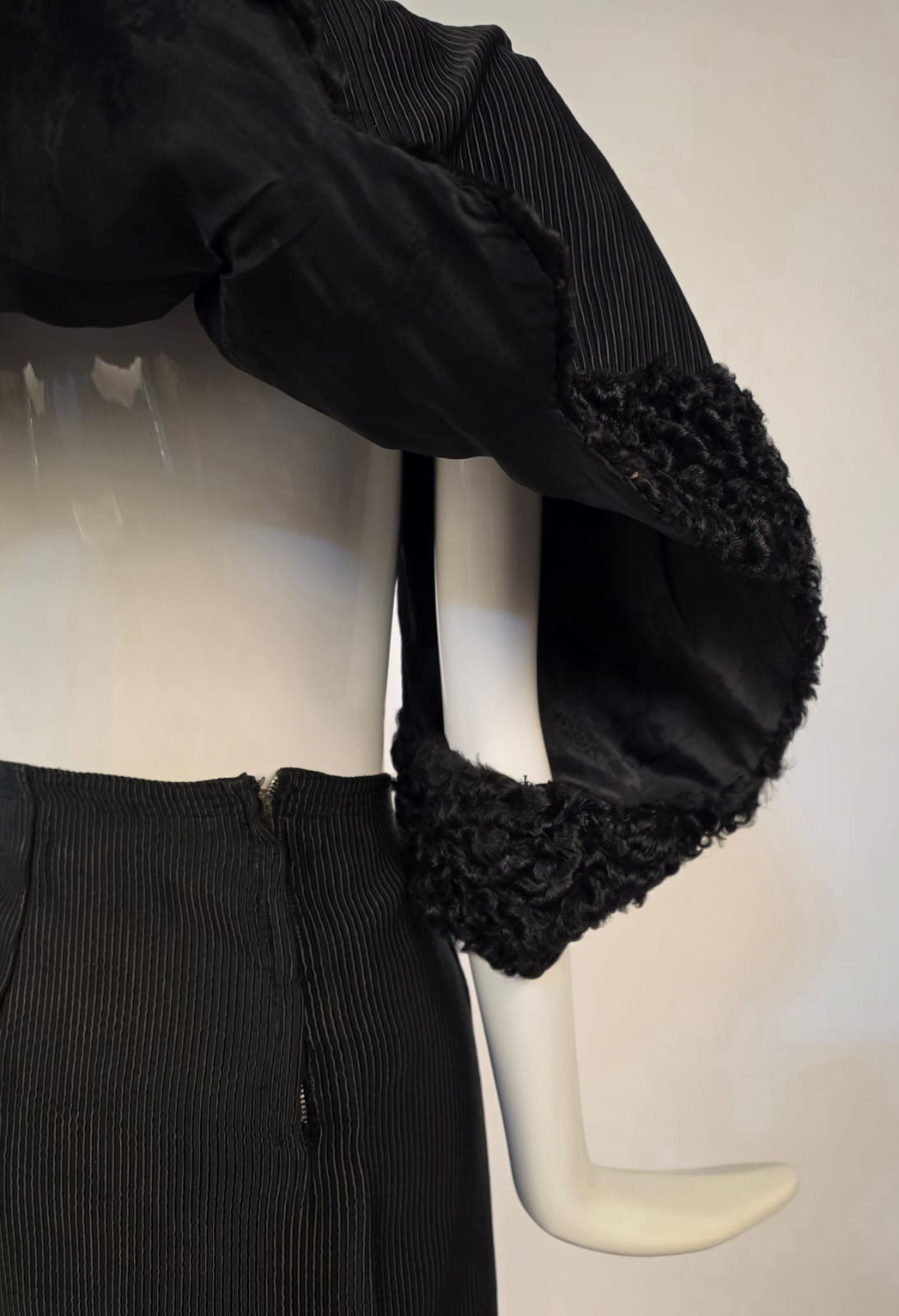LATE 1930’S THICK BLACK SILK FAILLE SUIT W PERSIAN LAMB TRIMMED CAPE W ARMHOLES
