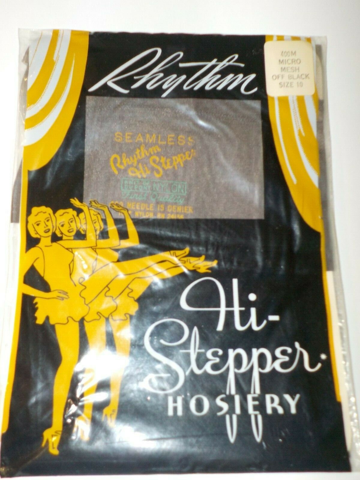 RHYTHM SEAMLESS MICRO MESH OFF BLACK SIZE 10 NYLON STOCKINGS VINTAGE
