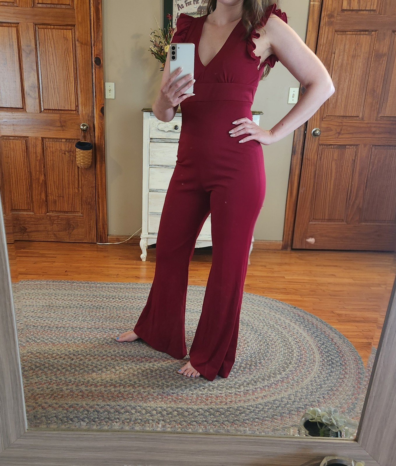VTG 1970s Deadstock Jumpsuit Bell Bottom Open Back Disco Burgundy 11/12 Fit S/M