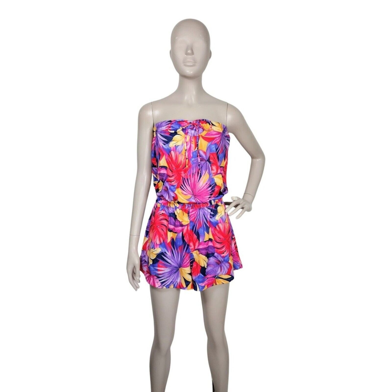 Vintage 70’s Colorful Strapless All Over Palm Leaf Print Short Romper Granada
