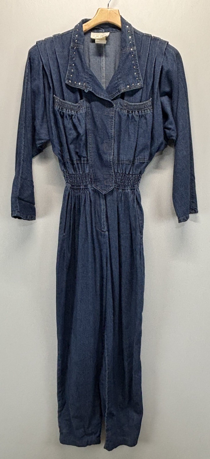 Vtg Cache Denim One Piece Jumpsuit Women’s 10 Blue Studded Trim 80s Made USA