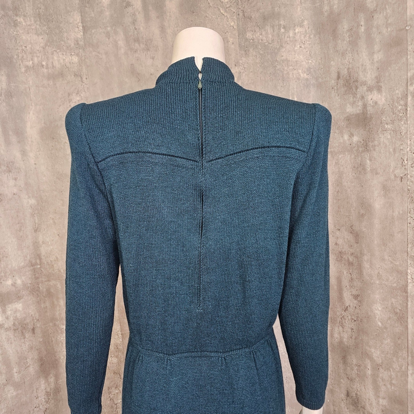 Vintage St John Marie Gray Knit Dress Teal Green Mock Neck 80s 90s FLAWED AS IS