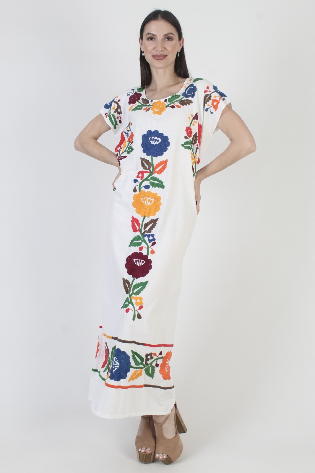 Mexican Birds Dress Vtg Embroidered Ethnic Kaftan Pool Cover Up Puebla Sundress
