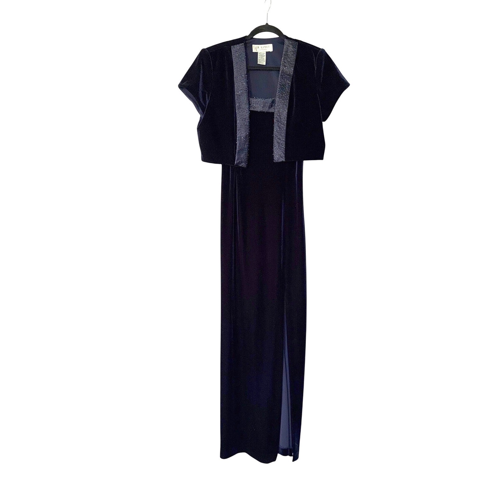 J.R. Nites Navy Blue Velvet Beaded Maxi Dress and Bolero Jacket Set Vintage 10